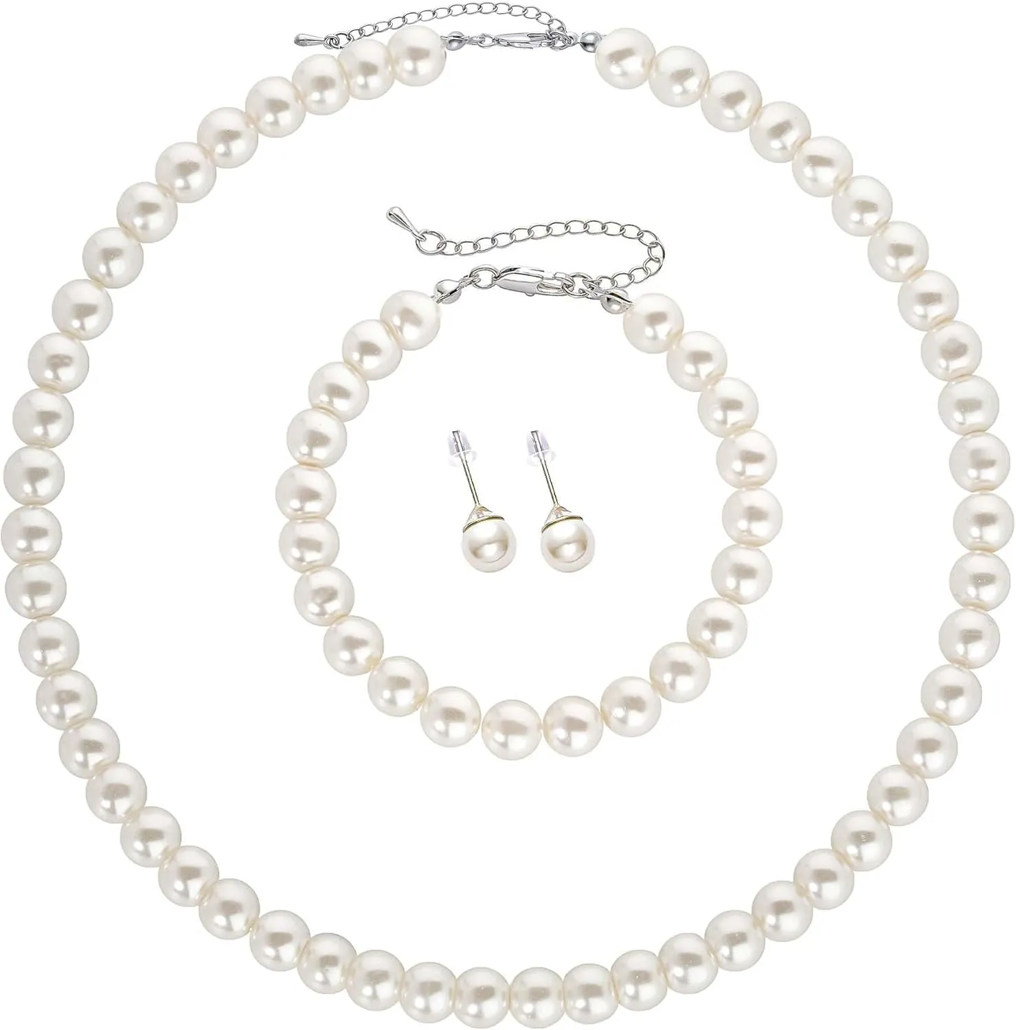 BABEYOND Pearl Necklace Earring Set - Faux Pearl Necklace for Women Costume Jewelry Bracelet Set for Brides