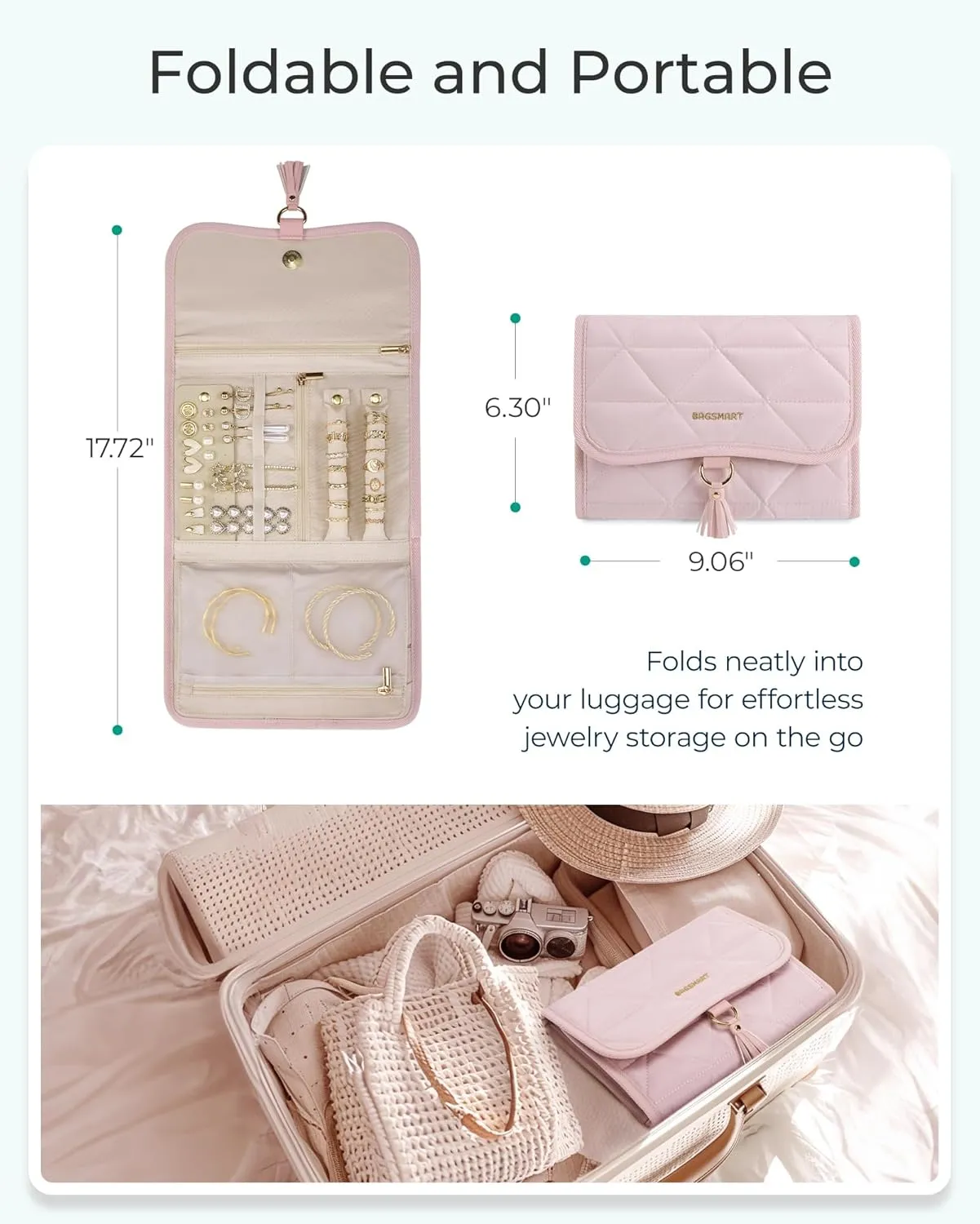 BAGSMART Travel Jewelry Case Organizer, Roll Foldable Jewelry Case for Journey-Rings, Necklaces, Earrings, Bracelets, Brooches, Portable Travel Essentials, Pink