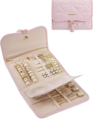 BAGSMART Travel Jewelry Case Organizer, Roll Foldable Jewelry Case for Journey-Rings, Necklaces, Earrings, Bracelets, Brooches, Portable Travel Essentials, Pink
