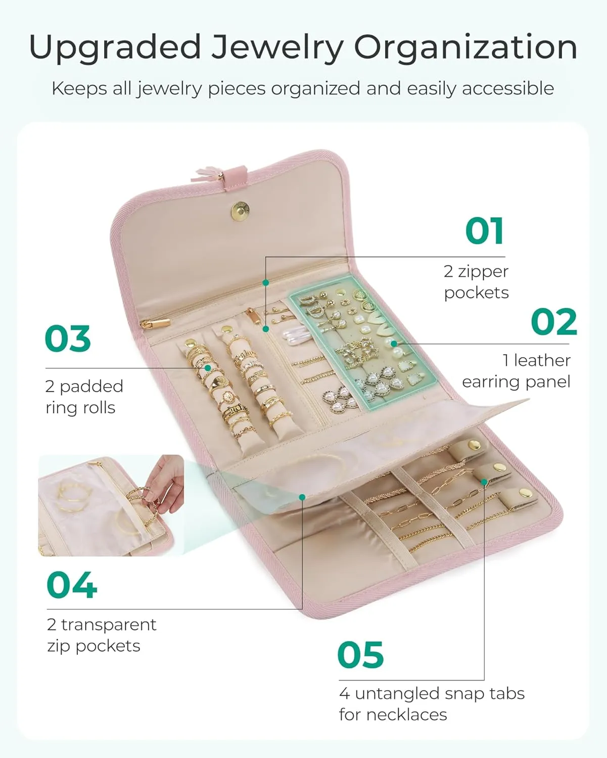 BAGSMART Travel Jewelry Case Organizer, Roll Foldable Jewelry Case for Journey-Rings, Necklaces, Earrings, Bracelets, Brooches, Portable Travel Essentials, Pink