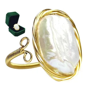 Baroque Irregular Pearl Rings for Women Gold-Plated Adjustable Open Design Trendy and Unique Christmas Pearl Jewelry Prom and Formal Attire Accessories Gift Box Included
