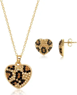 Barzel 18K Gold Plated Leopard Heart Earring & Necklace Set with Austrian Crystals, 18 Inches with 2 Inches Extension - Made In Brazil