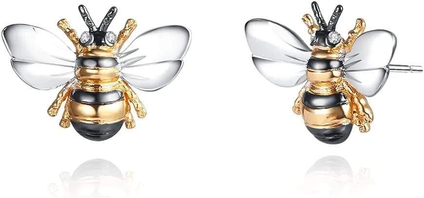 Barzel 18K Gold Plated Shimmering 2-tone Enamel Bumble Bee Stud Earrings 0.5in length For Women - Made in Brazil