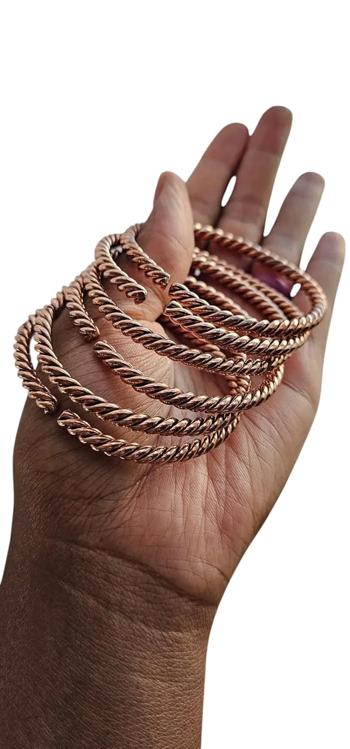 Beaditwearitloveit African Copper & Brass Cuff Bracelets, Twisted Brass Bangles For Women, Copper Stacking Bracelets, Boho Tribal Cultural Jewelry (Round Twisted, Copper)