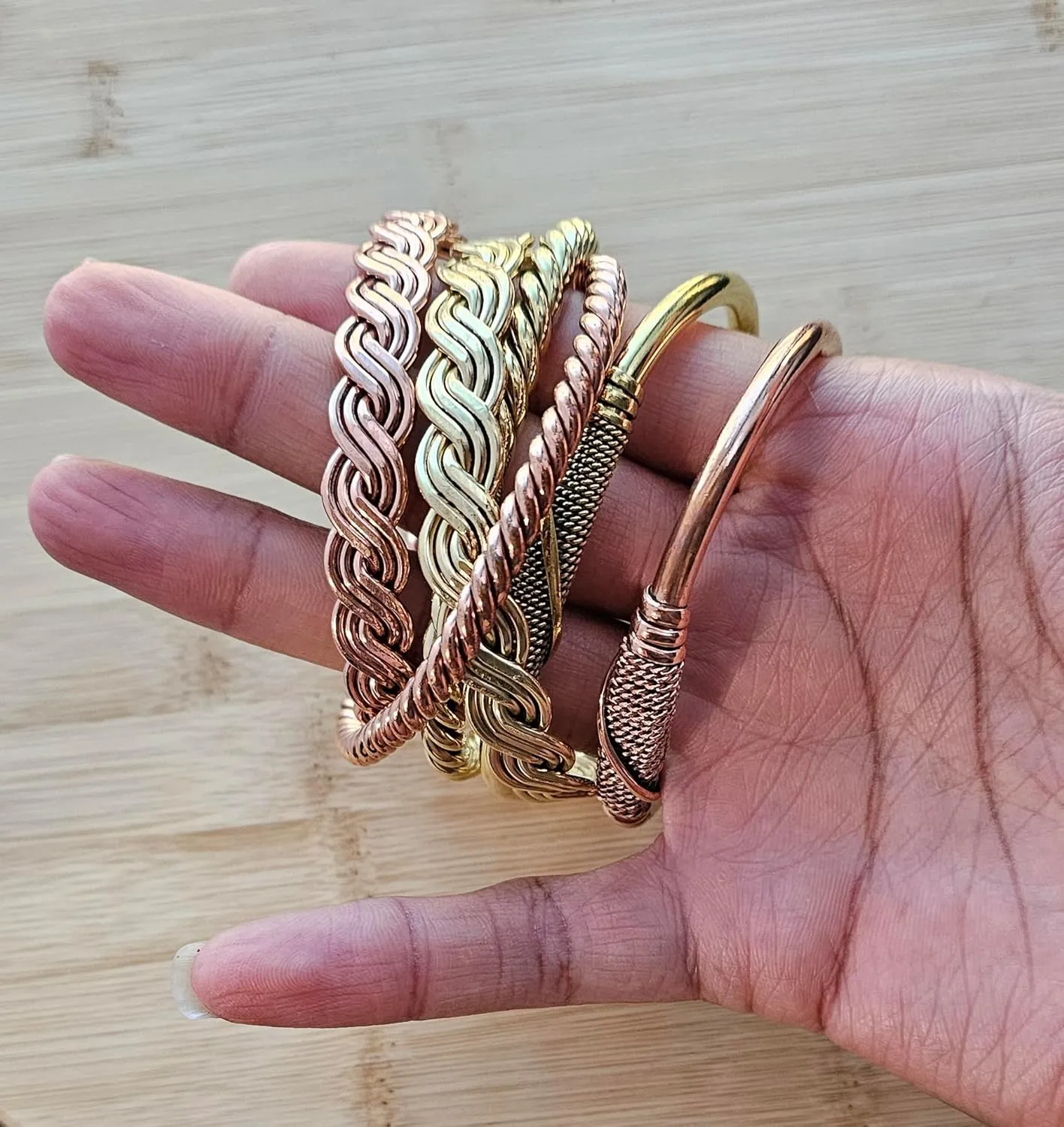 Beaditwearitloveit African Copper & Brass Cuff Bracelets, Twisted Brass Bangles For Women, Copper Stacking Bracelets, Boho Tribal Cultural Jewelry (Round Twisted, Copper)