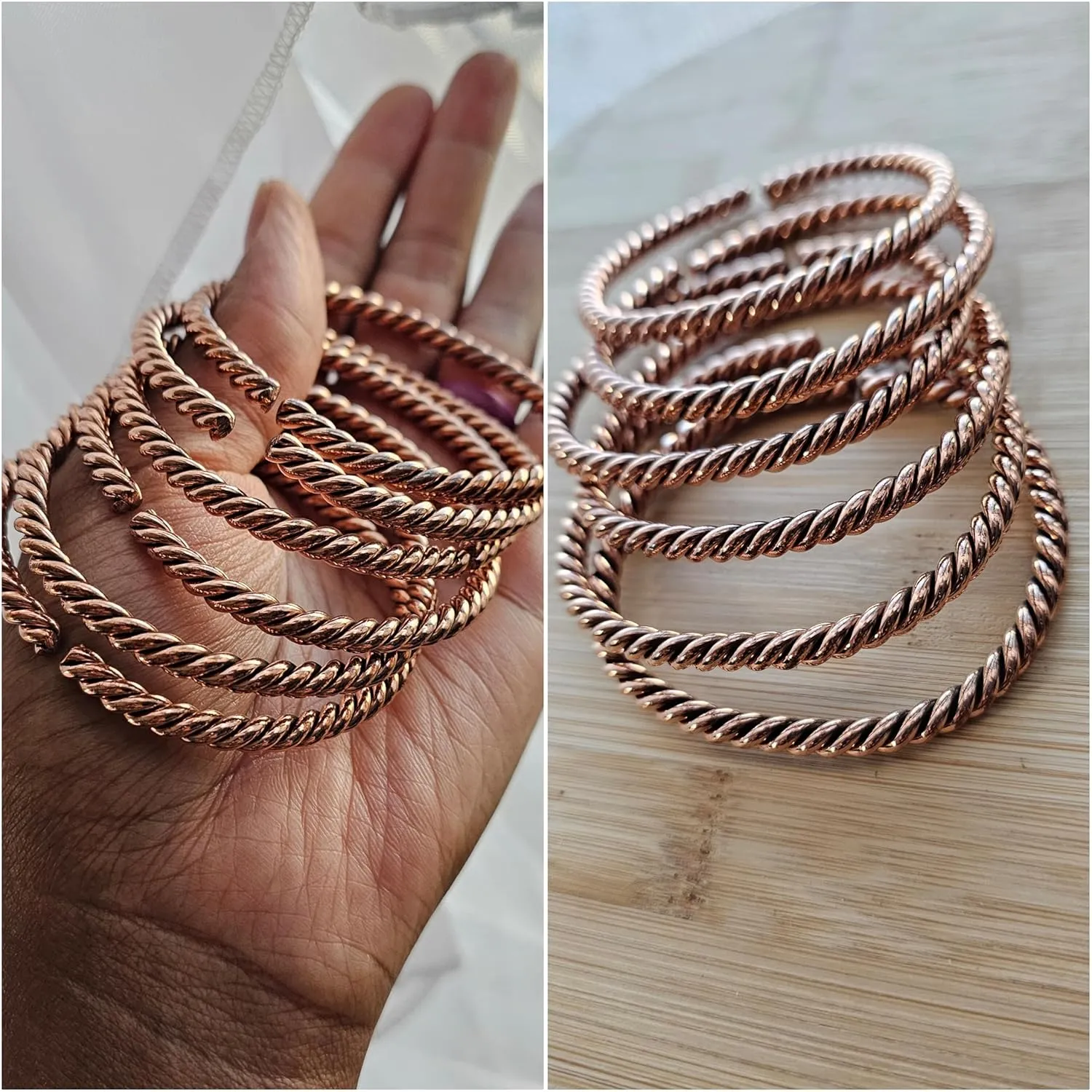 Beaditwearitloveit African Copper & Brass Cuff Bracelets, Twisted Brass Bangles For Women, Copper Stacking Bracelets, Boho Tribal Cultural Jewelry (Round Twisted, Copper)