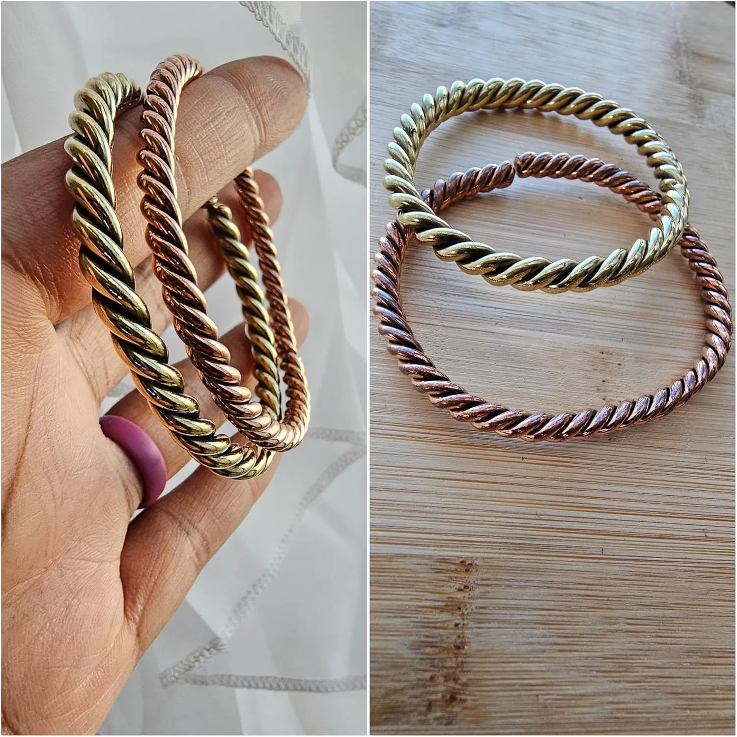 Beaditwearitloveit African Copper & Brass Cuff Bracelets, Twisted Brass Bangles For Women, Copper Stacking Bracelets, Boho Tribal Cultural Jewelry (Round Twisted, Copper)