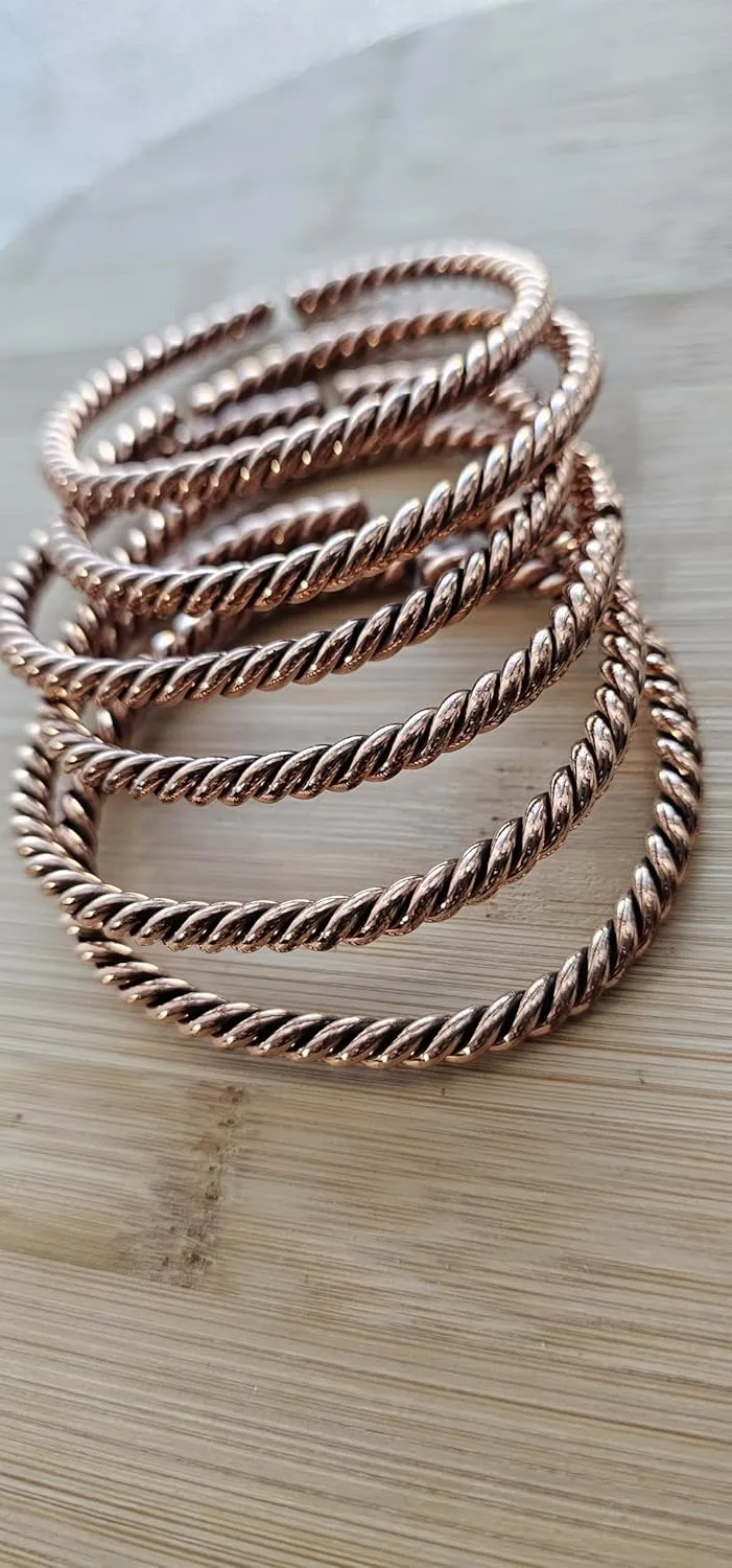Beaditwearitloveit African Copper & Brass Cuff Bracelets, Twisted Brass Bangles For Women, Copper Stacking Bracelets, Boho Tribal Cultural Jewelry (Round Twisted, Copper)