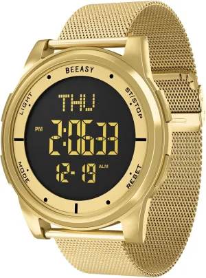 Beeasy Unisex Digital Watch Fashion Sleek Minimalist Mesh Stainless Steel with Alarm Waterproof Chronograph Watches for Men/Women with Auto Date
