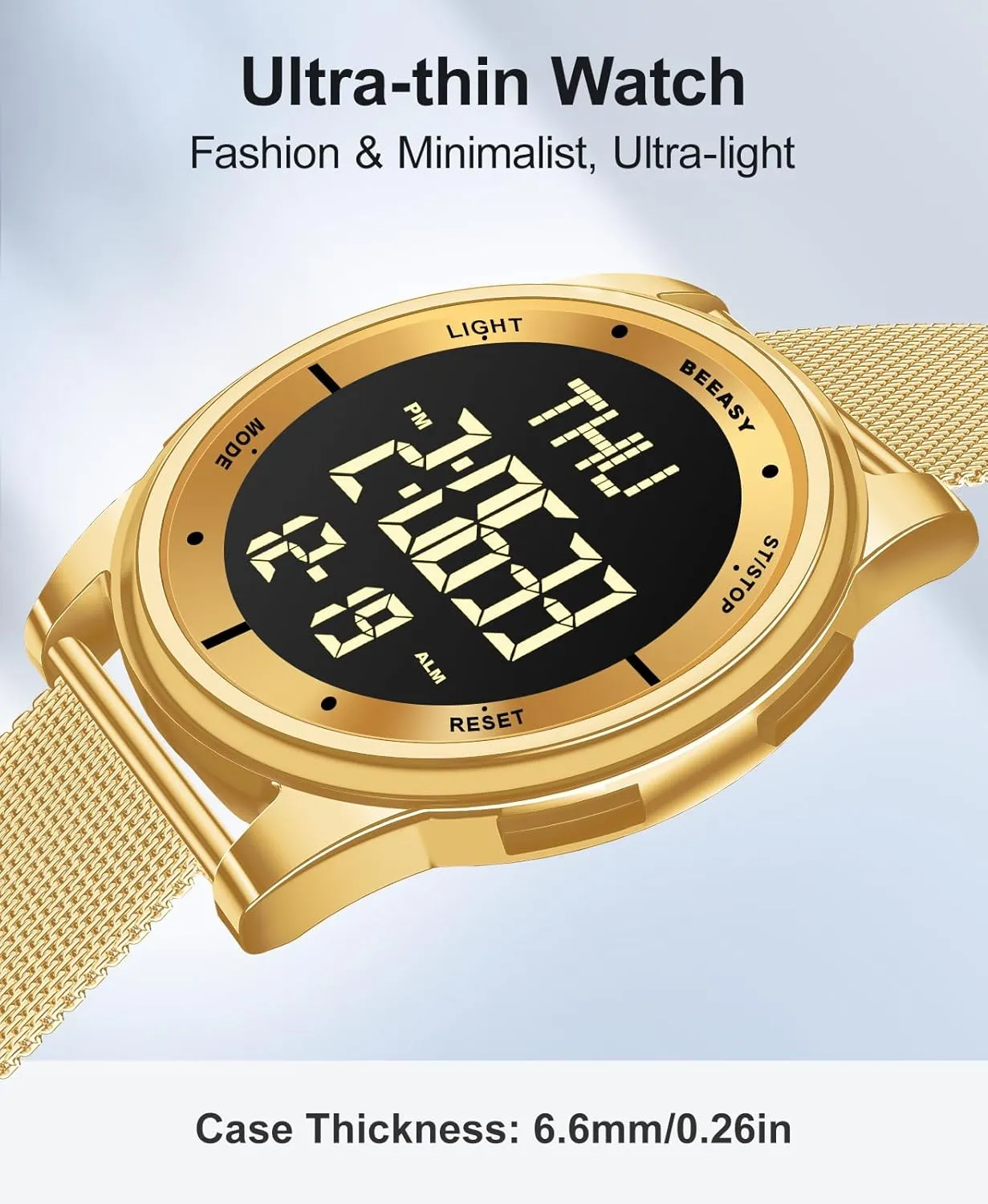 Beeasy Unisex Digital Watch Fashion Sleek Minimalist Mesh Stainless Steel with Alarm Waterproof Chronograph Watches for Men/Women with Auto Date