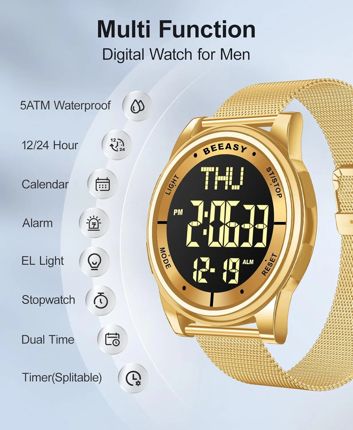Beeasy Unisex Digital Watch Fashion Sleek Minimalist Mesh Stainless Steel with Alarm Waterproof Chronograph Watches for Men/Women with Auto Date