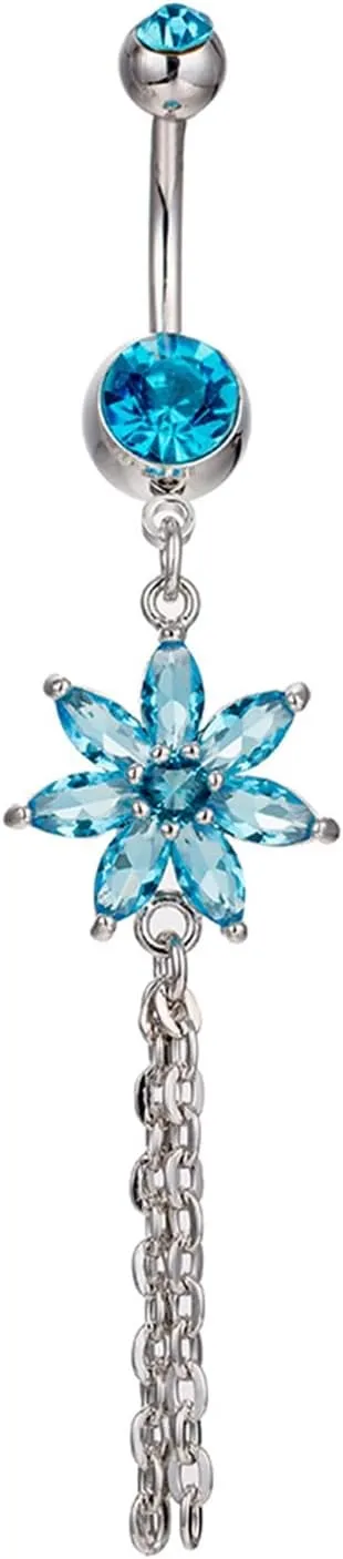 Belly Button Rings Dangling Unique, Navel Ring Surgical Stainless Steel Flower Tassel with Cubic Zirconia