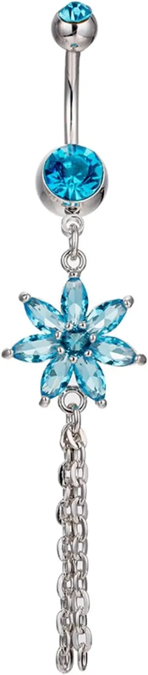 Belly Button Rings Dangling Unique, Navel Ring Surgical Stainless Steel Flower Tassel with Cubic Zirconia
