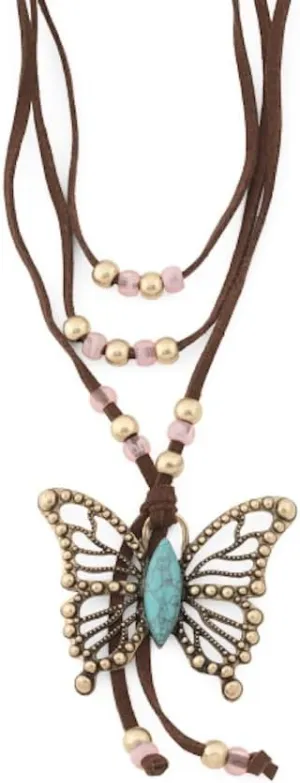 Betsey Johnson Layered Butterfly Necklace, Brown Suede Cord, Turquoise, 16 Inches with 3 Inch Extender