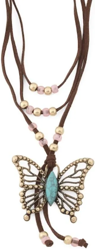 Betsey Johnson Layered Butterfly Necklace, Brown Suede Cord, Turquoise, 16 Inches with 3 Inch Extender
