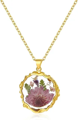 Birth Flower Necklaces for Women Gold Month Real Pressed Flora Necklace Handmade Boho Jewelry for Birthday Christmas Valentine's Day Lover Mother