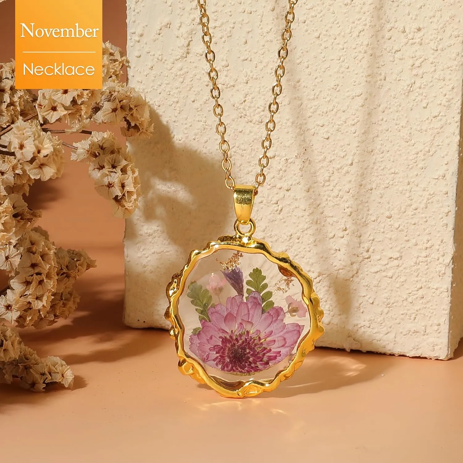 Birth Flower Necklaces for Women Gold Month Real Pressed Flora Necklace Handmade Boho Jewelry for Birthday Christmas Valentine's Day Lover Mother