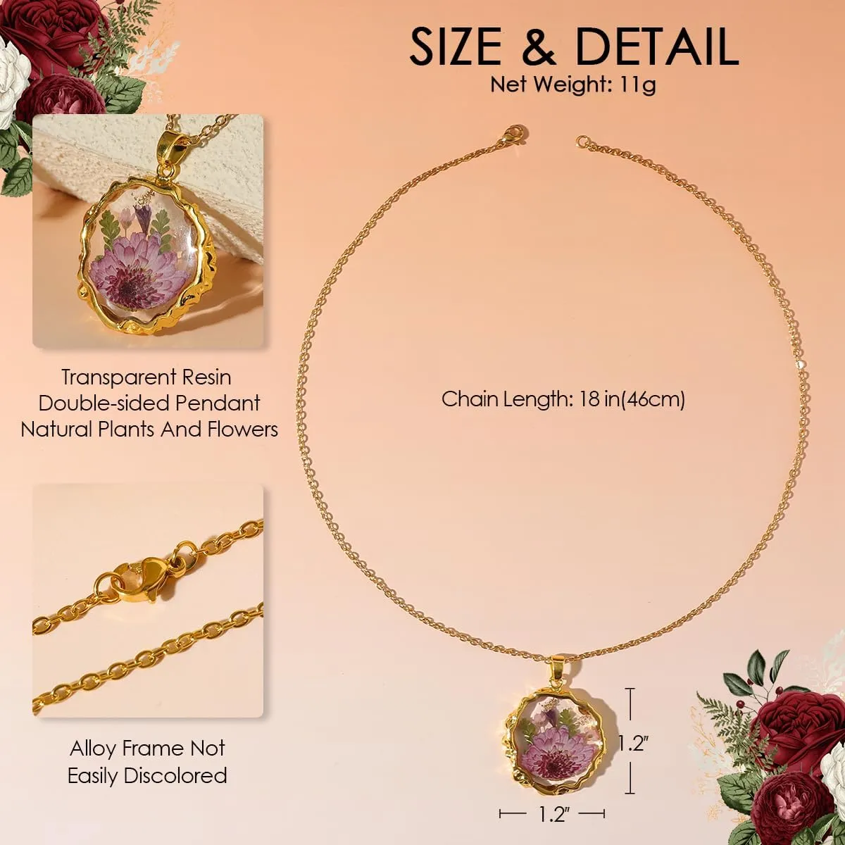 Birth Flower Necklaces for Women Gold Month Real Pressed Flora Necklace Handmade Boho Jewelry for Birthday Christmas Valentine's Day Lover Mother