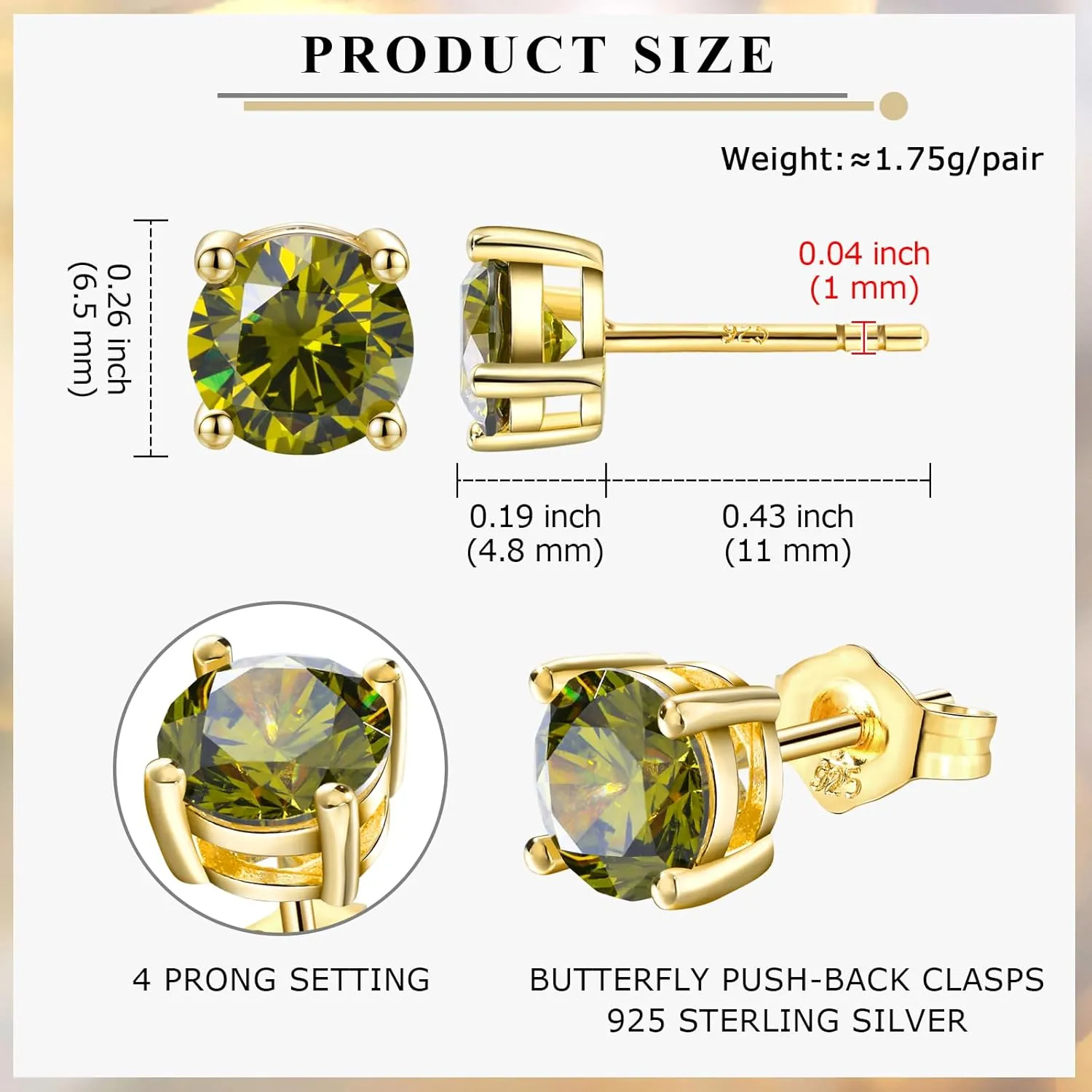 Birthstone Earrings 925 Sterling Silver Hypoallergenic Dainty Small 5mm 6.5mm Round Cut Cubic Zirconia Moissanite Gemstone Fine Earrings. 1 Pair, Send Gift Box