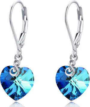 Birthstone Earrings for Women 925 Sterling Silver Heart Austrian Crystal Dangle Drop Earrings Birthstone Leverback Earrings Jewelry Gifts