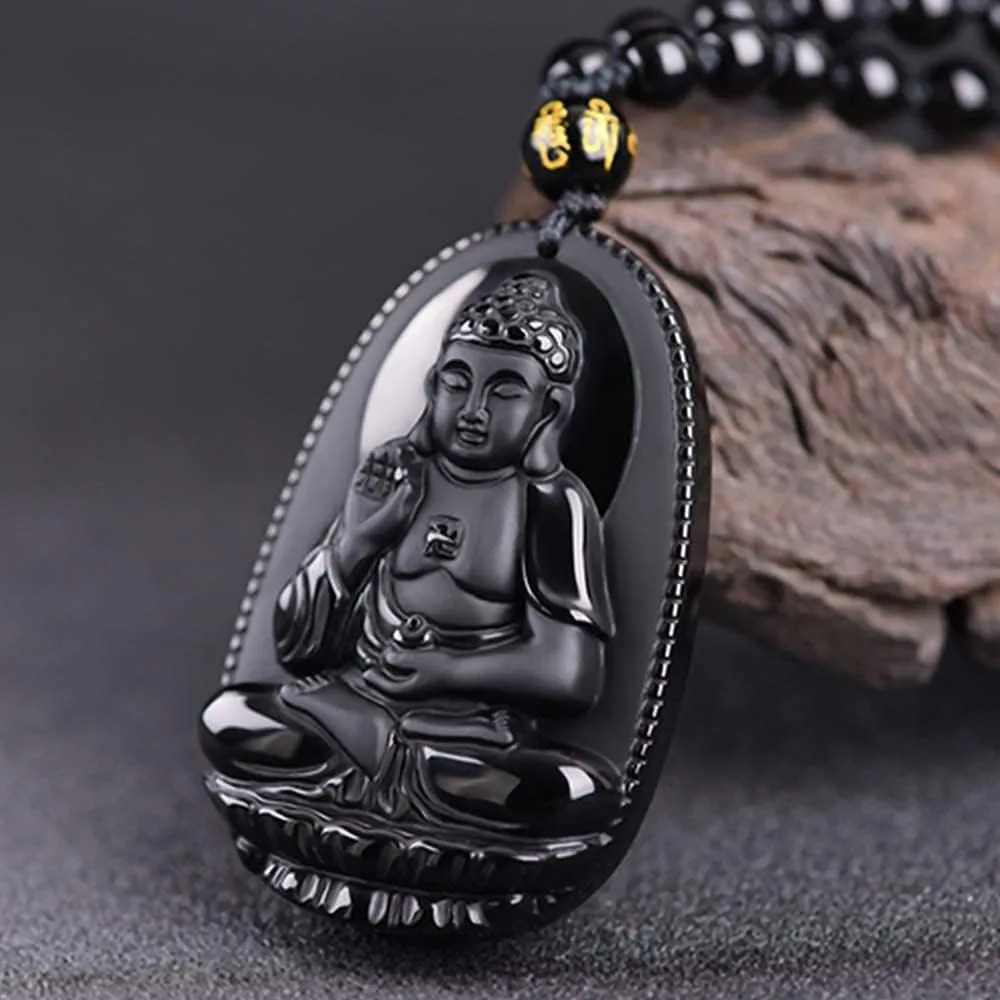Black Obsidian Necklace Lucky Amulet Protection Pendant with Extended Bead Chain Healing Crystal Stone Talisman Necklaces Jewelry
