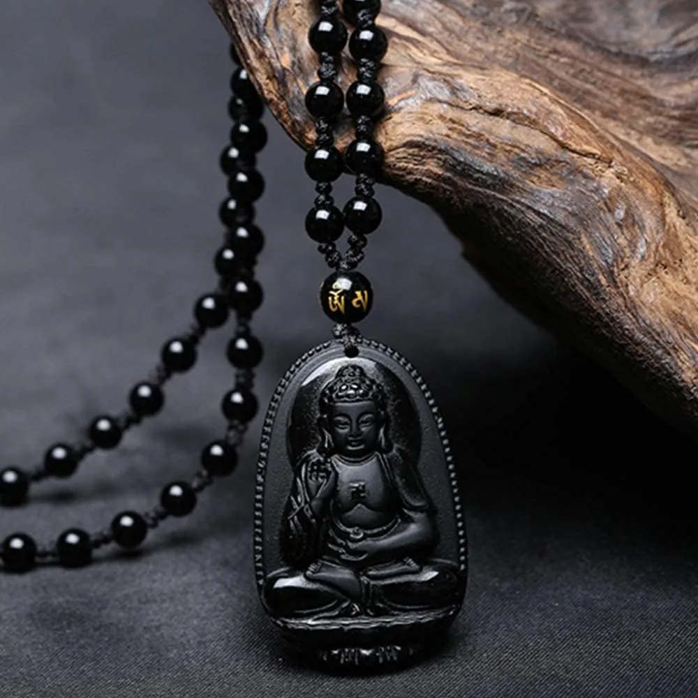 Black Obsidian Necklace Lucky Amulet Protection Pendant with Extended Bead Chain Healing Crystal Stone Talisman Necklaces Jewelry