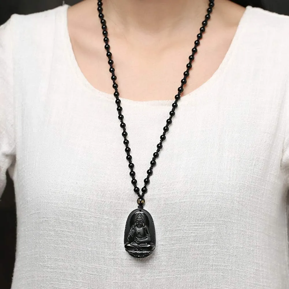 Black Obsidian Necklace Lucky Amulet Protection Pendant with Extended Bead Chain Healing Crystal Stone Talisman Necklaces Jewelry