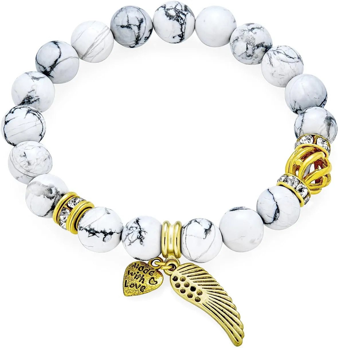 Bling Jewelry Unisex Spiritual Bali Gemstone Turquoise Onyx White Blue Black Round Bead Strand Angel Wing Buddha Stretch Bracelet For Women Teens Men Silver Plated Gold Plated Brass