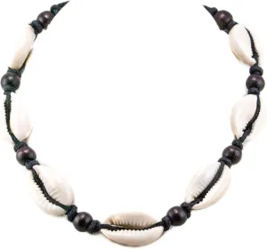 BlueRica Cowrie Shells on Black Cord Choker Necklace with Dark Brown Wood Beads