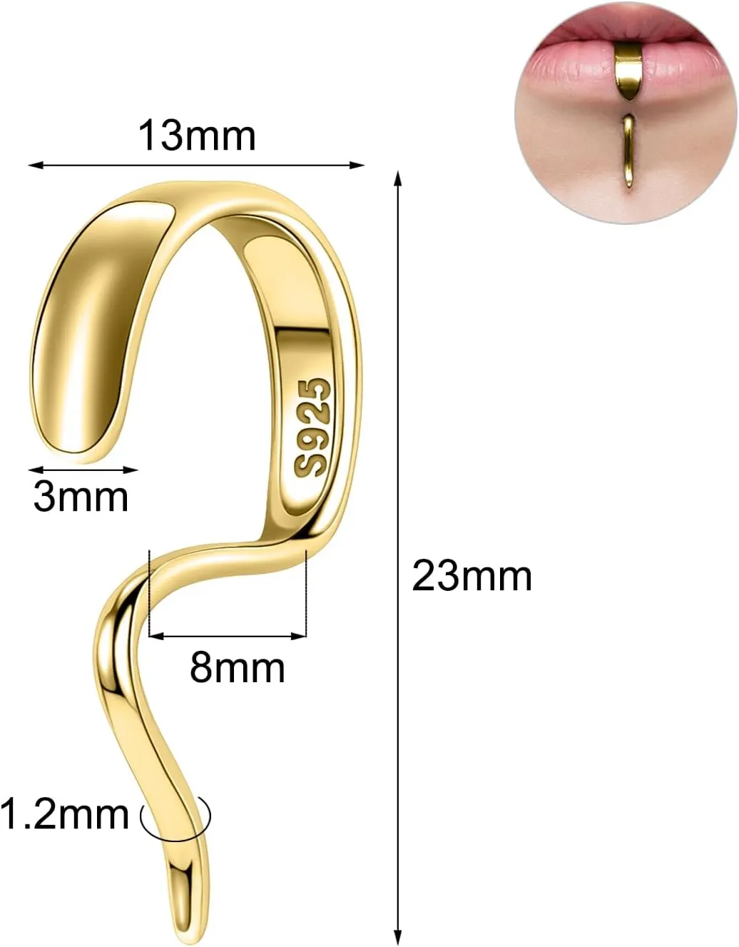 BodyAce 925 Sterling Silver Lip Rings Fake Labret Piercings, 16G Gold Real Lower Lip Studs Punk Faux Lip Cuff, Unique Design Non-Piercing Body Jewelry