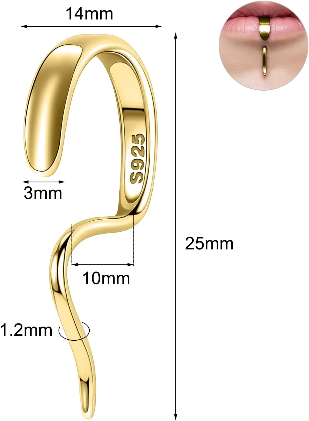 BodyAce 925 Sterling Silver Lip Rings Fake Labret Piercings, 16G Gold Real Lower Lip Studs Punk Faux Lip Cuff, Unique Design Non-Piercing Body Jewelry