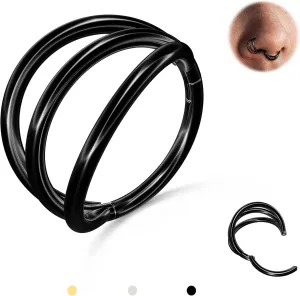 BodyBonita Triple/Double Hoop Nose Ring - G23 Titanium Septum Rings 16G/18G/20G CZ Nose Piercings Jewelry Conch Helix Daith Rook Tragus Cartilage Earring Hinged Nostril Piercing Gold/Black/Silver