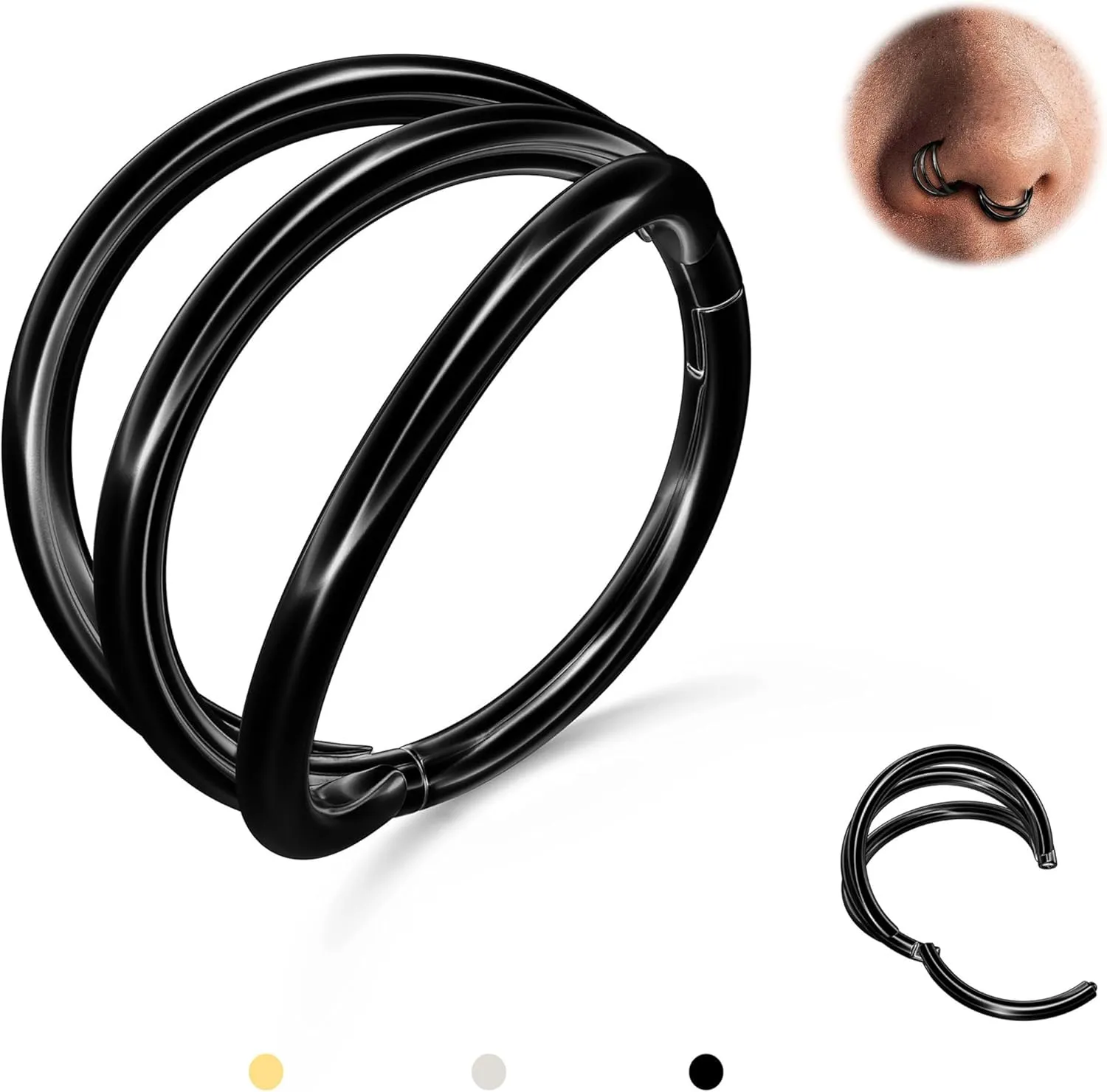 BodyBonita Triple/Double Hoop Nose Ring - G23 Titanium Septum Rings 16G/18G/20G CZ Nose Piercings Jewelry Conch Helix Daith Rook Tragus Cartilage Earring Hinged Nostril Piercing Gold/Black/Silver
