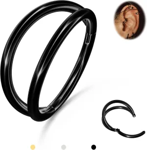 BodyBonita Triple/Double Hoop Nose Ring - G23 Titanium Septum Rings 16G/18G/20G CZ Nose Piercings Jewelry Conch Helix Daith Rook Tragus Cartilage Earring Hinged Nostril Piercing Gold/Black/Silver