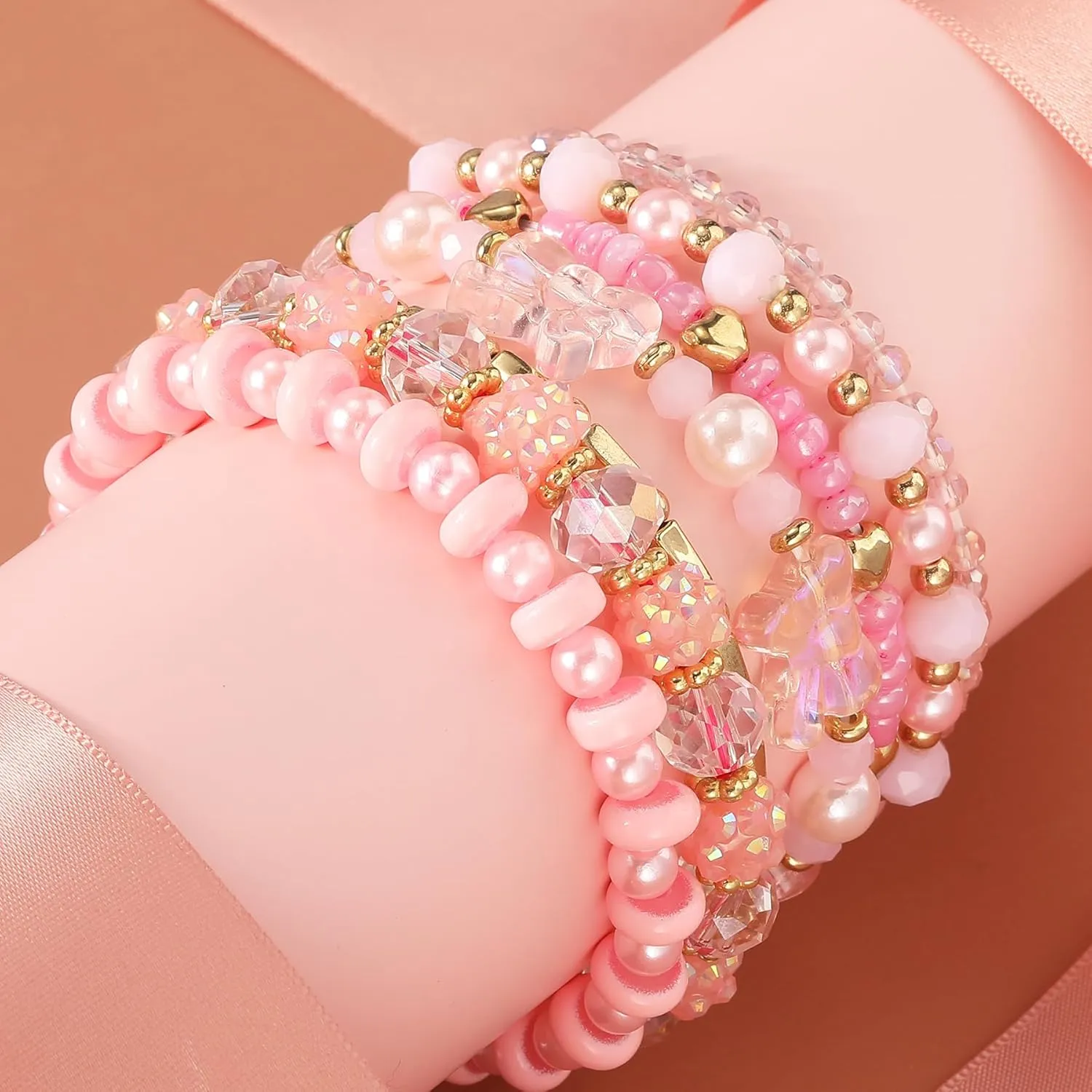 Bohemian Beaded Bracelets for Women Stackable Glass Beads Stretch Bracelets Boho Multilayered Disco Ball Faceted Crystal Beads Bracelet Set Handmade Trendy Jewelry Gift for Women