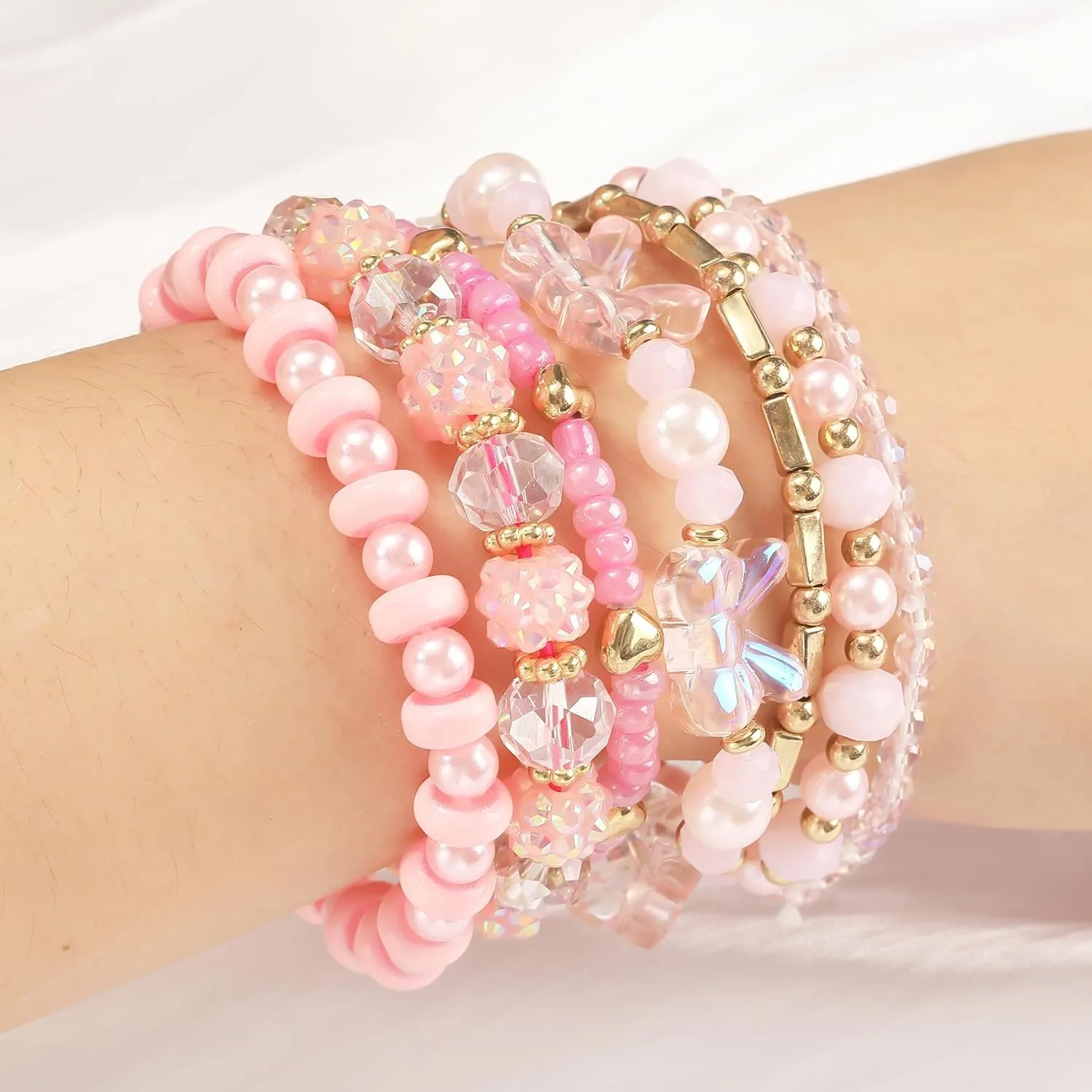 Bohemian Beaded Bracelets for Women Stackable Glass Beads Stretch Bracelets Boho Multilayered Disco Ball Faceted Crystal Beads Bracelet Set Handmade Trendy Jewelry Gift for Women