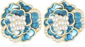 Bohemian Dainty Enamel Pearl 3D Rose Flower Lightweight Stud Earrings Aesthetic Floral Love Sparkly Sequin Earrings For Women Jewelry Gifts