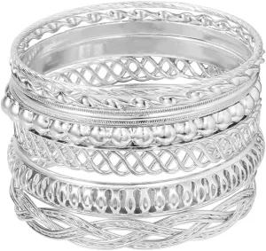 Bohemian Silver Bangle Bracelets Set for Women- Multi Layer Stackable Textured Bracelet Retro Indian Chunky Cable Twisted Wristband for Women Best Friend Wedding Bridal Birthday Party Gift