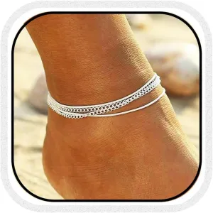 Boho Anklets Silver Layered Ankle Bracelets Turquoise Beach Foot Jewelry Adjustable for Women