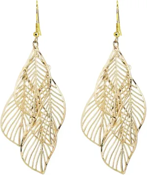 Boho Artistic Vintage Leaf Metal Dangle Drop Statement Earrings Feather Earrings for Women Handmade Boho Lightweight Statement Leaf Earrings