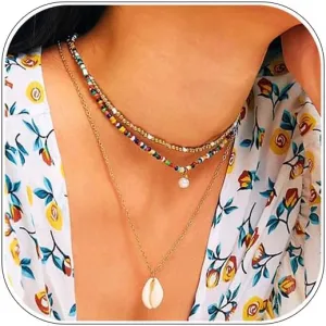 Boho Beaded Necklaces Gold Layered Shell Pendant Choker Necklace Colorful Chain for Women