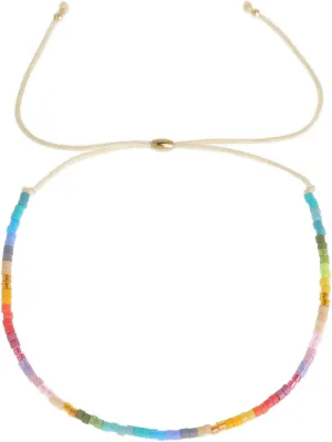 Boho Colorful Seed Beaded Braided Stackable Bracelets for Women, Dainty Handmade Gold Beads Adjustable Beige String Rope Slider Bracelet Friendship Holiday Jewelry Gift