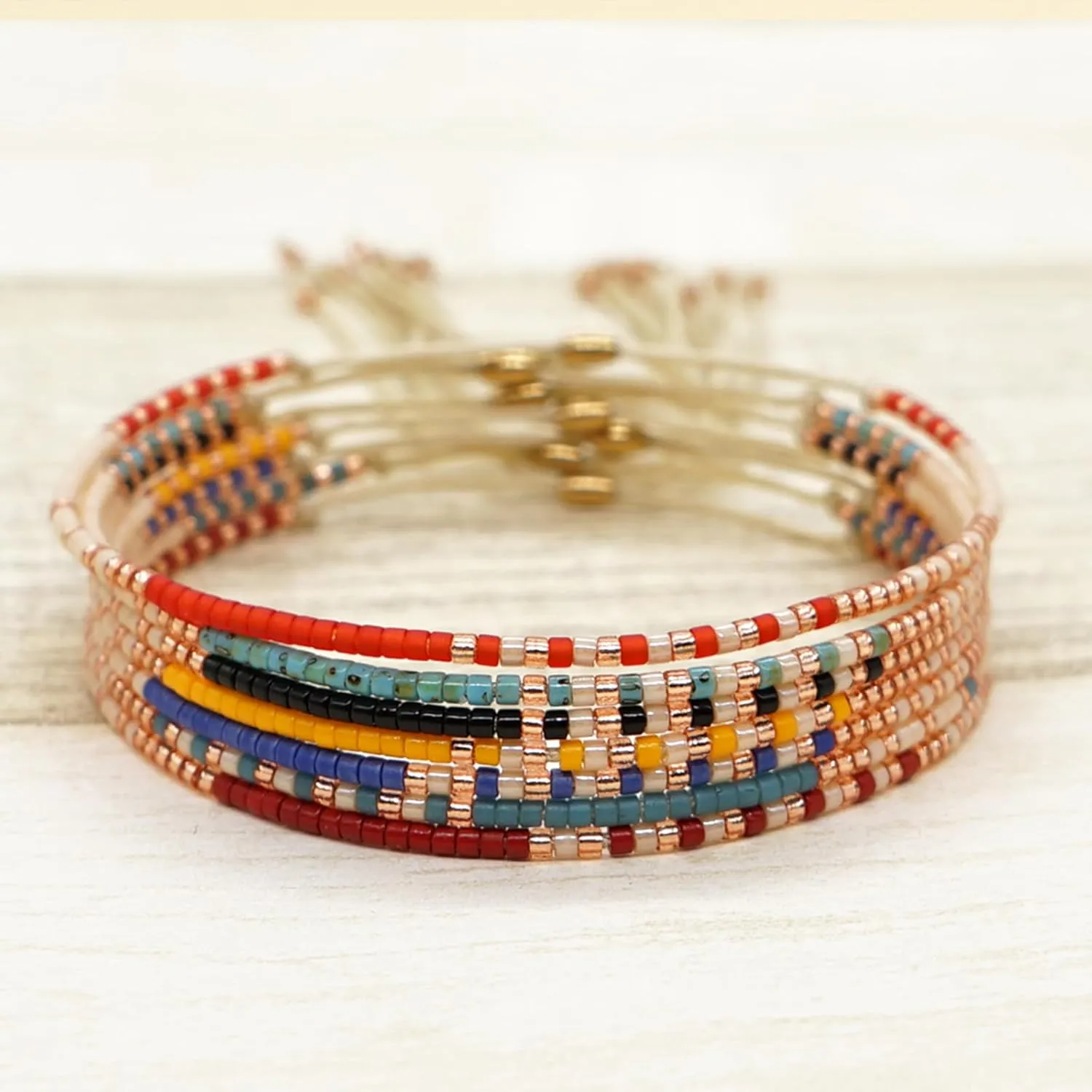 Boho Colorful Seed Beaded Braided Stackable Bracelets for Women, Dainty Handmade Gold Beads Adjustable Beige String Rope Slider Bracelet Friendship Holiday Jewelry Gift