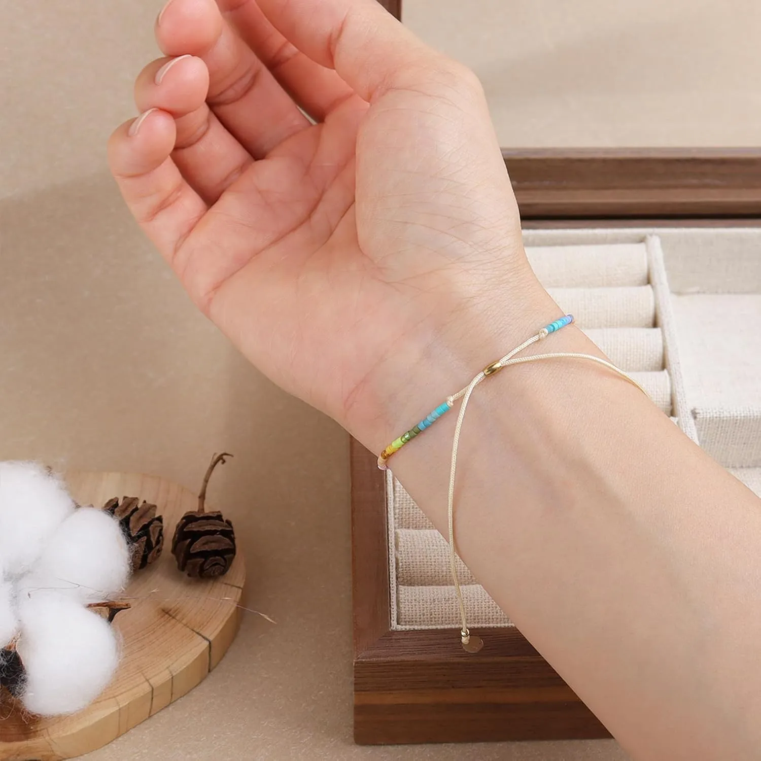 Boho Colorful Seed Beaded Braided Stackable Bracelets for Women, Dainty Handmade Gold Beads Adjustable Beige String Rope Slider Bracelet Friendship Holiday Jewelry Gift