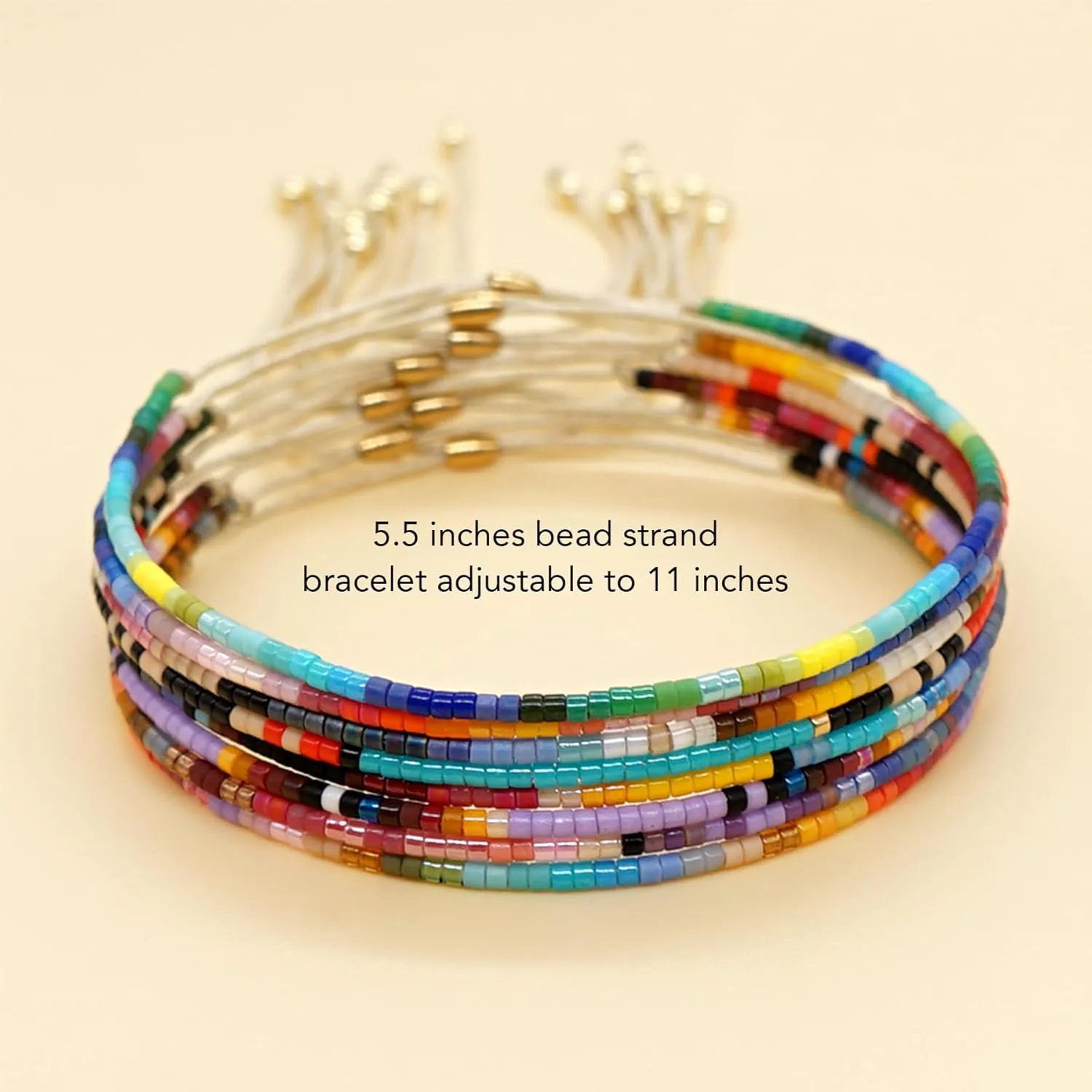 Boho Colorful Seed Beaded Braided Stackable Bracelets for Women, Dainty Handmade Gold Beads Adjustable Beige String Rope Slider Bracelet Friendship Holiday Jewelry Gift