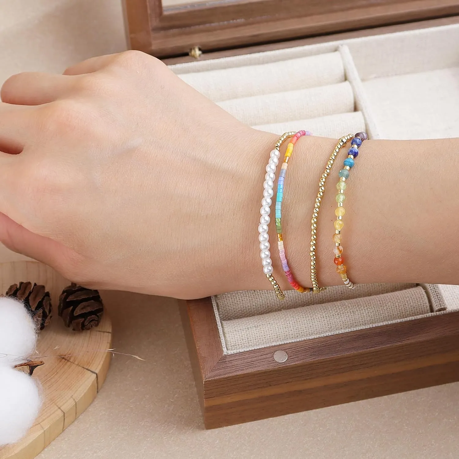 Boho Colorful Seed Beaded Braided Stackable Bracelets for Women, Dainty Handmade Gold Beads Adjustable Beige String Rope Slider Bracelet Friendship Holiday Jewelry Gift