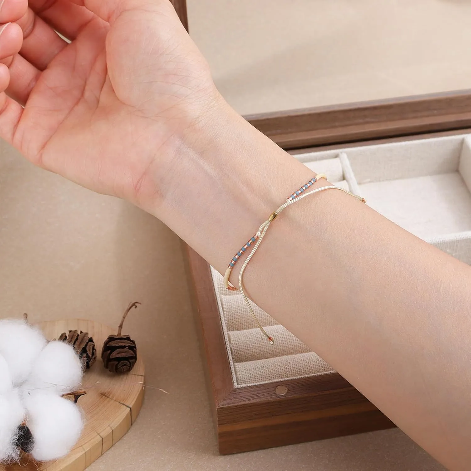Boho Colorful Seed Beaded Braided Stackable Bracelets for Women, Dainty Handmade Gold Beads Adjustable Beige String Rope Slider Bracelet Friendship Holiday Jewelry Gift