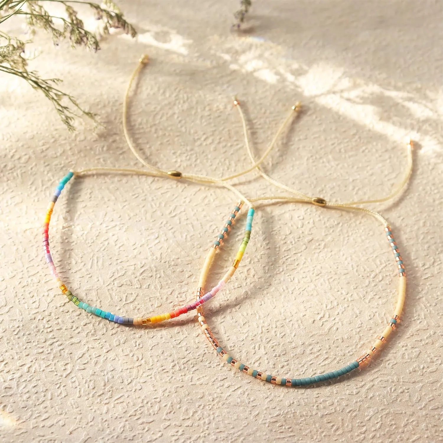 Boho Colorful Seed Beaded Braided Stackable Bracelets for Women, Dainty Handmade Gold Beads Adjustable Beige String Rope Slider Bracelet Friendship Holiday Jewelry Gift