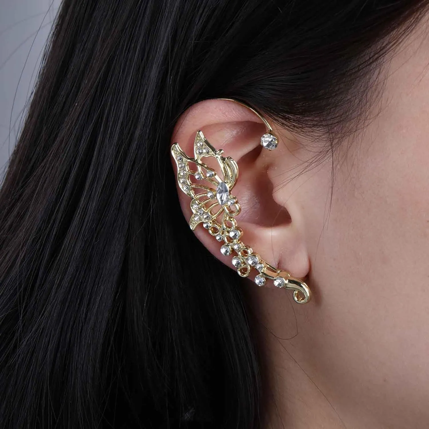 Boho CZ Butterfly Cuff Earrings Gold Crystal Butterfly Ear Climber Earrings Sparkly Rhinestone Butterfly Wrap Earrings Butterfly Wrap Crawler Earrings Jewelry for Women (Left)