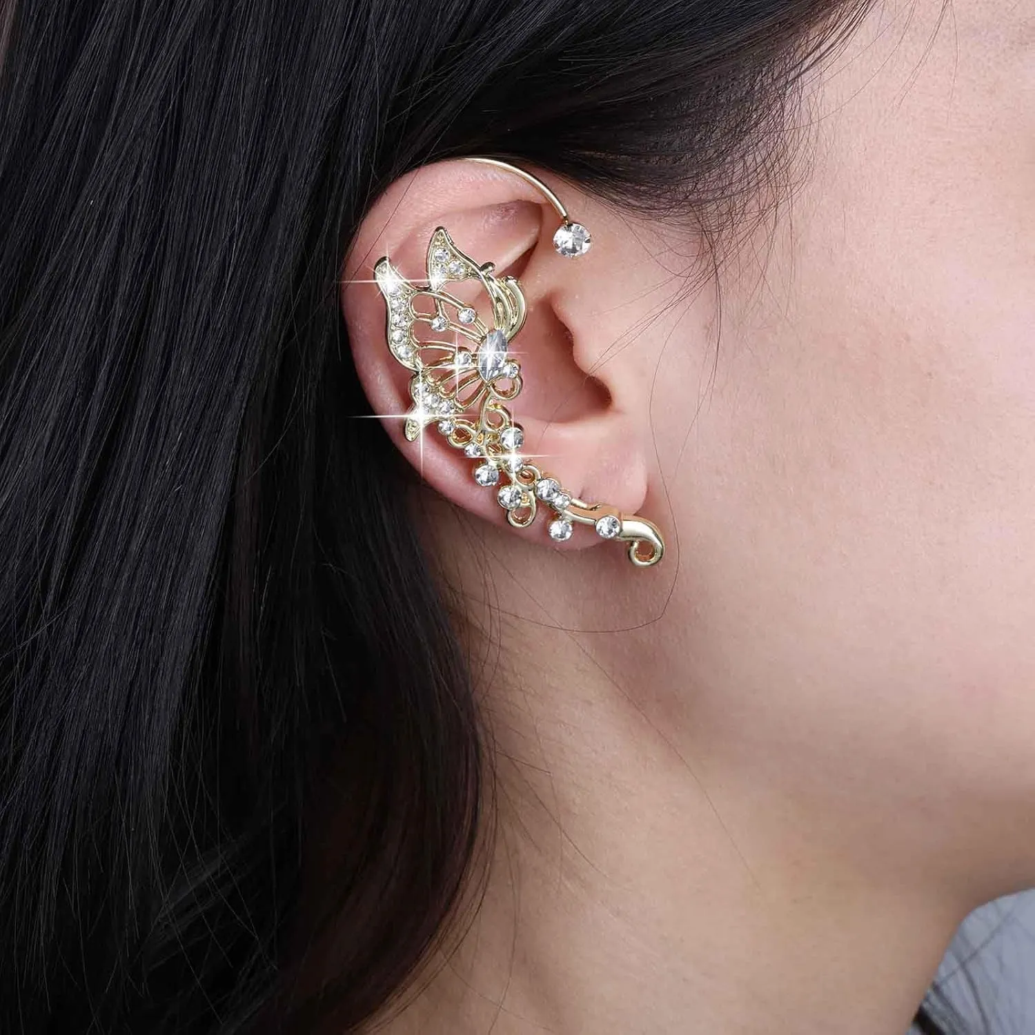 Boho CZ Butterfly Cuff Earrings Gold Crystal Butterfly Ear Climber Earrings Sparkly Rhinestone Butterfly Wrap Earrings Butterfly Wrap Crawler Earrings Jewelry for Women (Left)